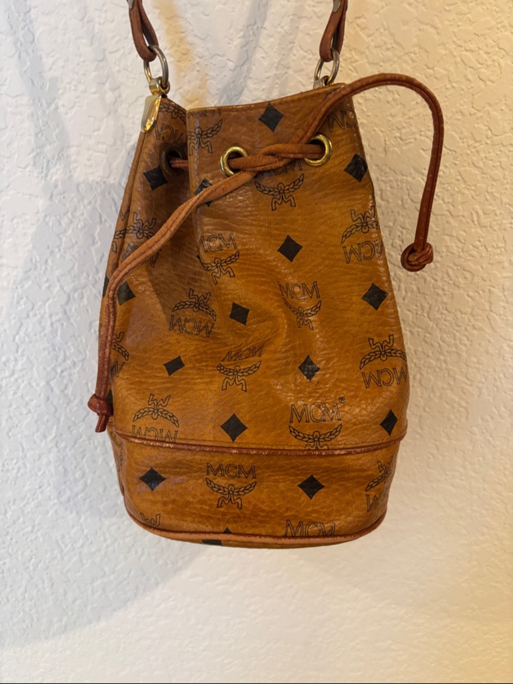 MCM Cognac Monogram Visetos Drawstring Shoulder Bag